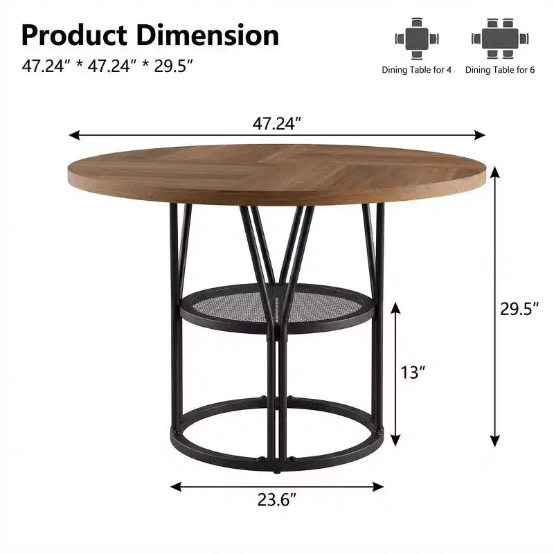 Tavolo da Pranzo Rotondo Moderno da 47 Pollici per 4-6 Persone, Tavolo da Cena Rotondo per Cucina con Scaffale Contenitore e Robusta Struttura in Metallo per Sala da Pranzo e Appartamento