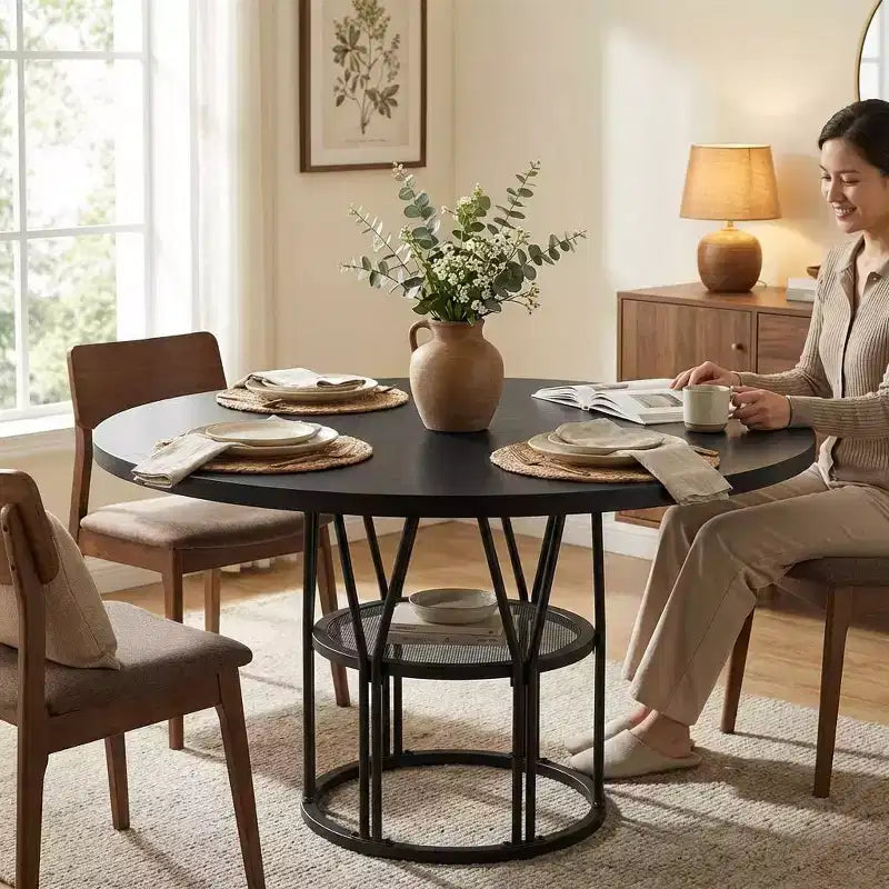 47 Modern Round Dining Table for 4-6 People, Circle Kitchen Dinner Table w/ Storage Shelf & Sturdy Metal Frame for Dining Room & Apartment