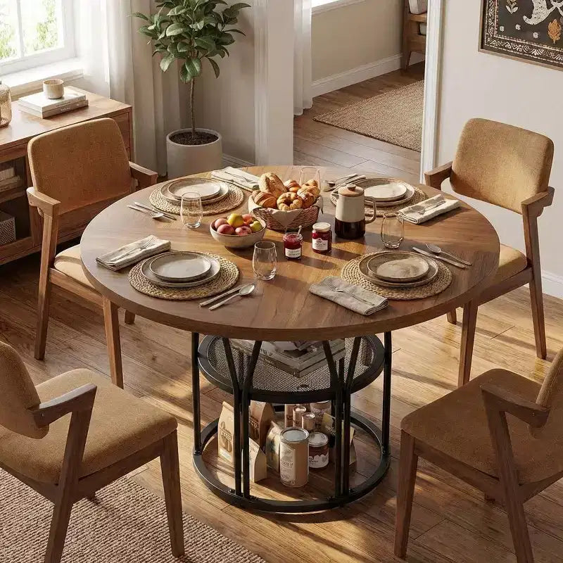 Tavolo da Pranzo Rotondo Moderno da 47 Pollici per 4-6 Persone, Tavolo da Cena Rotondo per Cucina con Scaffale Contenitore e Robusta Struttura in Metallo per Sala da Pranzo e Appartamento