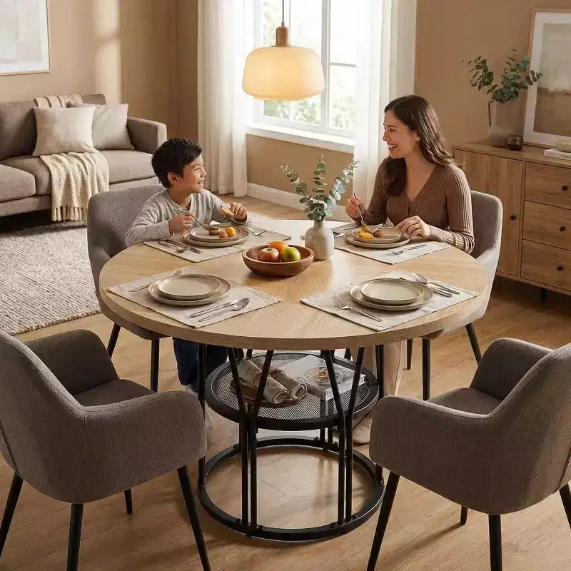 Tavolo da Pranzo Rotondo Moderno da 47 Pollici per 4-6 Persone, Tavolo da Cena Rotondo per Cucina con Scaffale Contenitore e Robusta Struttura in Metallo per Sala da Pranzo e Appartamento
