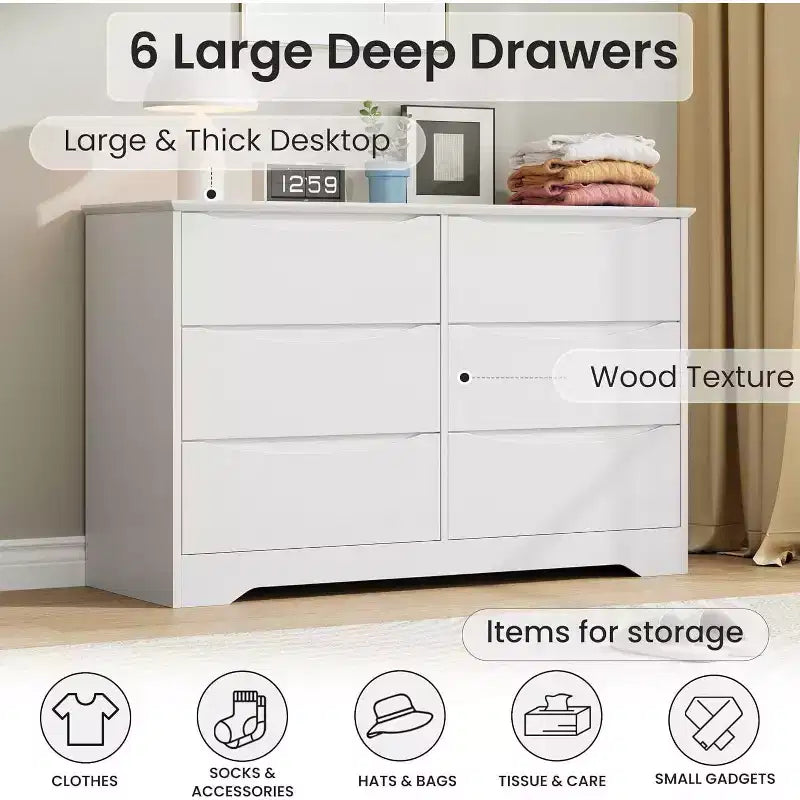 Armadio moderno, comò in legno con 6 cassetti per camera da letto, soggiorno, corridoio, bianco