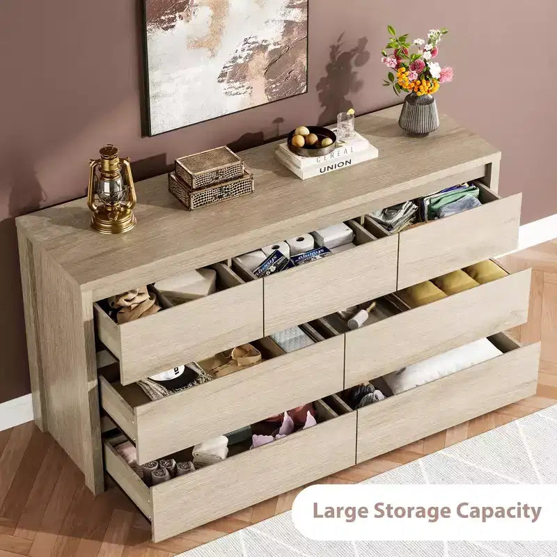 Comò ampio a 7 cassetti per camera da letto, cassettiera moderna in legno, mobile contenitore grande per soggiorno e ingresso