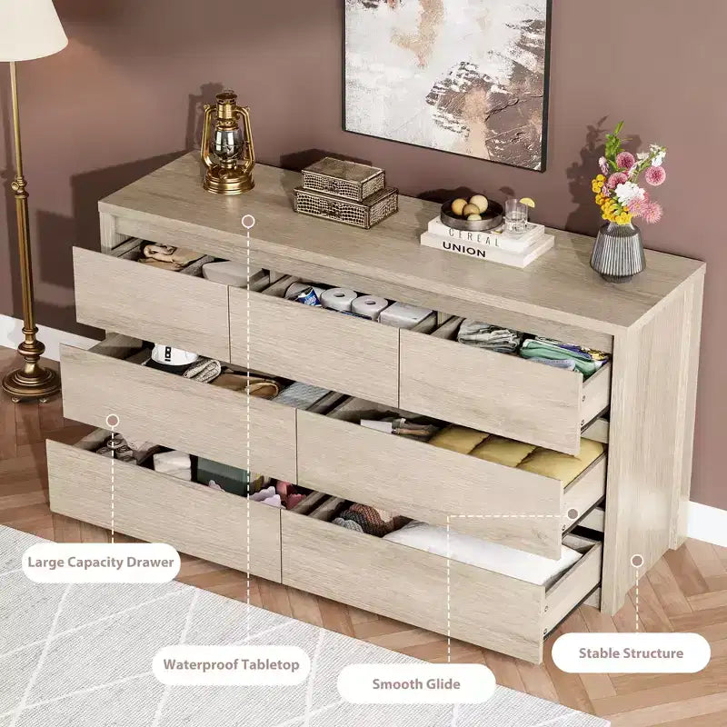 Comò ampio a 7 cassetti per camera da letto, cassettiera moderna in legno, mobile contenitore grande per soggiorno e ingresso