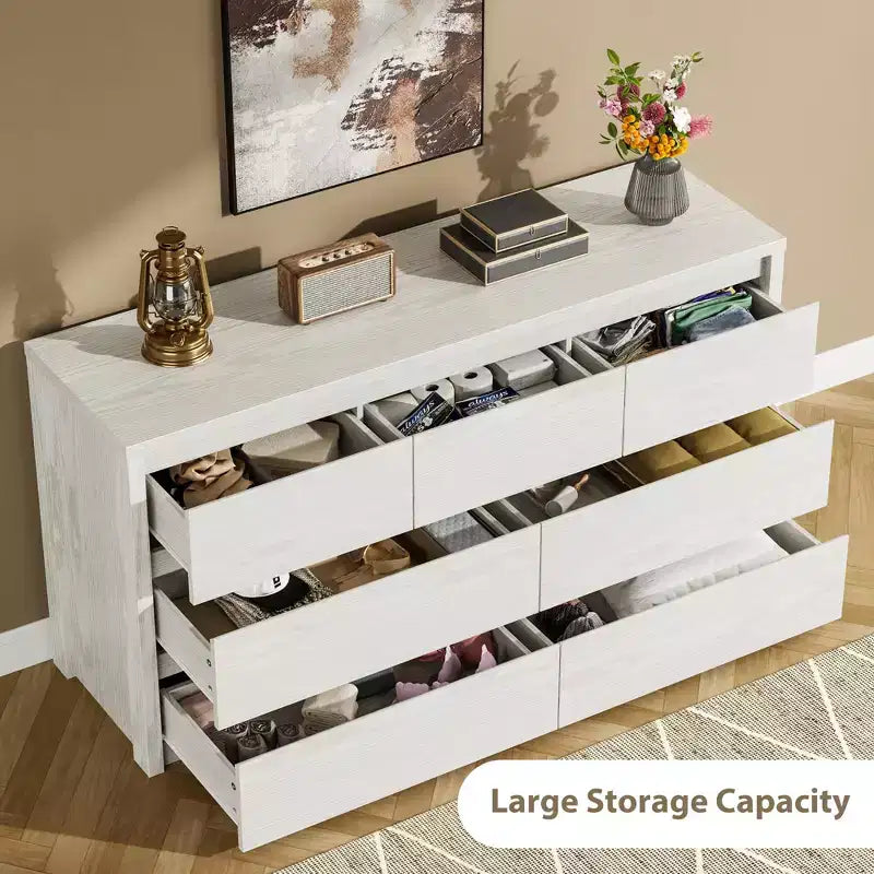 Comò ampio a 7 cassetti per camera da letto, cassettiera moderna in legno, mobile contenitore grande per soggiorno e ingresso