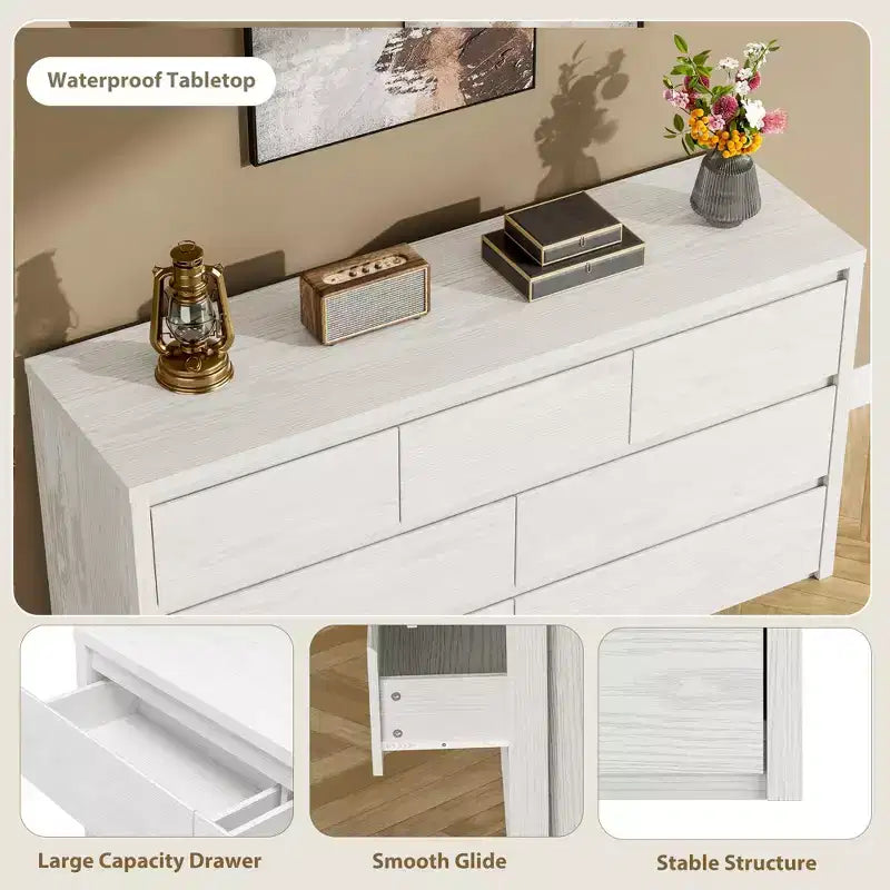 Comò ampio a 7 cassetti per camera da letto, cassettiera moderna in legno, mobile contenitore grande per soggiorno e ingresso