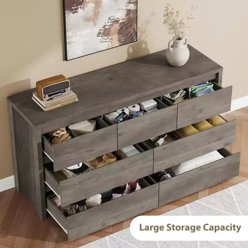 Comò ampio a 7 cassetti per camera da letto, cassettiera moderna in legno, mobile contenitore grande per soggiorno e ingresso