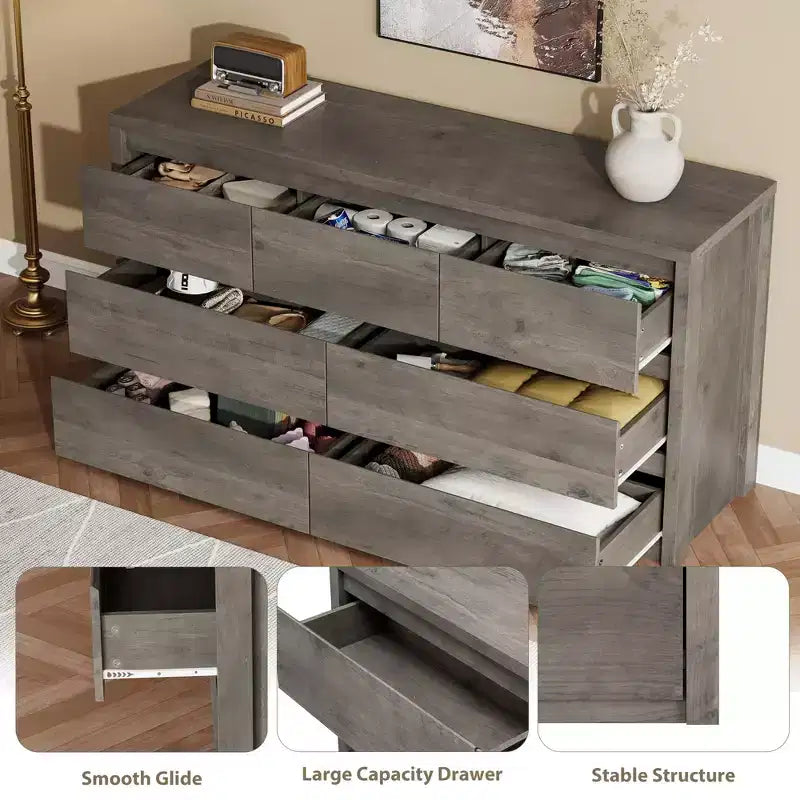 Comò ampio a 7 cassetti per camera da letto, cassettiera moderna in legno, mobile contenitore grande per soggiorno e ingresso