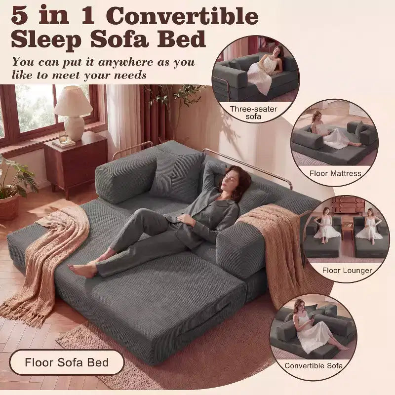 65Divano letto pieghevole in velluto a coste, divano matrimoniale a pavimento, 4-in-1, combinazione fai-da-te, divano modulare comodo e pieghevole.