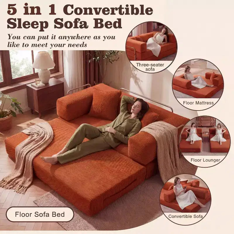 65Divano letto pieghevole in velluto a coste, divano matrimoniale a pavimento, 4-in-1, combinazione fai-da-te, divano modulare comodo e pieghevole.