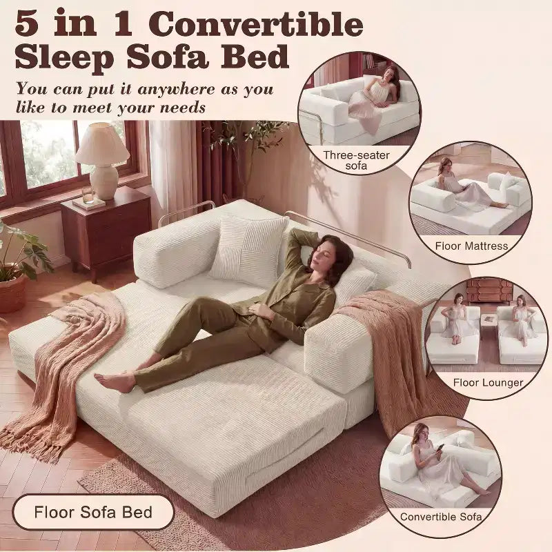 65Divano letto pieghevole in velluto a coste, divano matrimoniale a pavimento, 4-in-1, combinazione fai-da-te, divano modulare comodo e pieghevole.