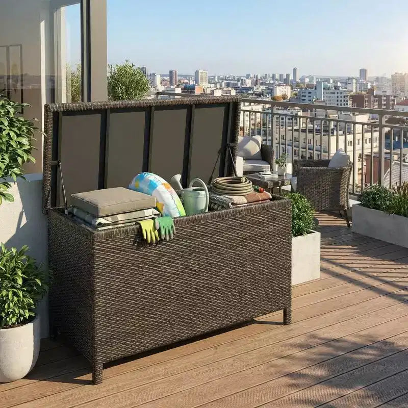 Contenitore portaoggetti in Rattan da 120 galloni, cassapanca da esterno in resina stile rustico impermeabile per balcone, patio, giardino