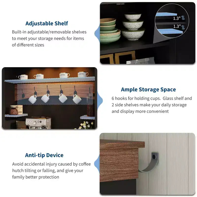 Credenza da Caffè in Stile Rustico con Luci LED, Alta 183 cm, Ripiani Regolabili, Ante e Cassetto, Ripiano in Vetro, Ampio Contenitore a Buffet
