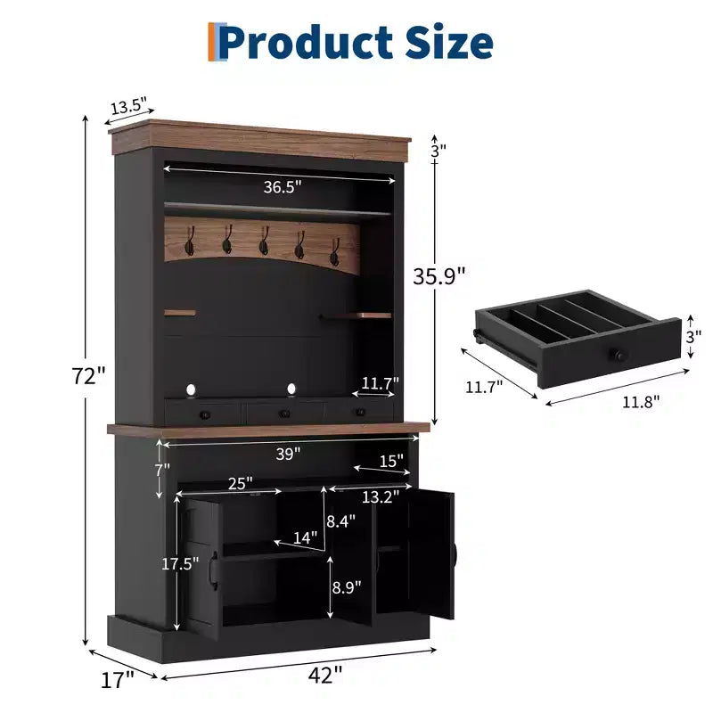 Credenza da Caffè in Stile Rustico con Luci LED, Alta 183 cm, Ripiani Regolabili, Ante e Cassetto, Ripiano in Vetro, Ampio Contenitore a Buffet