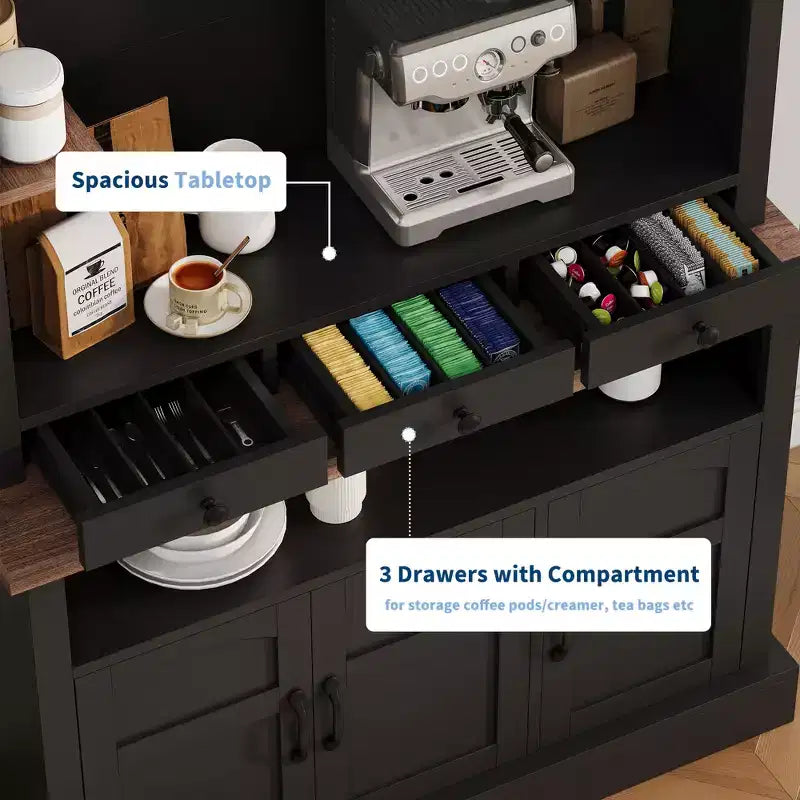 Credenza da Caffè in Stile Rustico con Luci LED, Alta 183 cm, Ripiani Regolabili, Ante e Cassetto, Ripiano in Vetro, Ampio Contenitore a Buffet