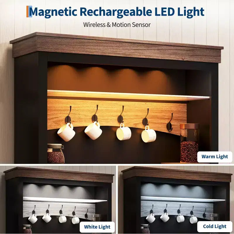 Credenza da Caffè in Stile Rustico con Luci LED, Alta 183 cm, Ripiani Regolabili, Ante e Cassetto, Ripiano in Vetro, Ampio Contenitore a Buffet