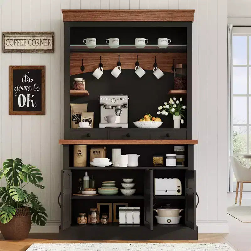 Credenza da Caffè in Stile Rustico con Luci LED, Alta 183 cm, Ripiani Regolabili, Ante e Cassetto, Ripiano in Vetro, Ampio Contenitore a Buffet