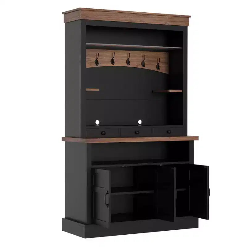 Credenza da Caffè in Stile Rustico con Luci LED, Alta 183 cm, Ripiani Regolabili, Ante e Cassetto, Ripiano in Vetro, Ampio Contenitore a Buffet
