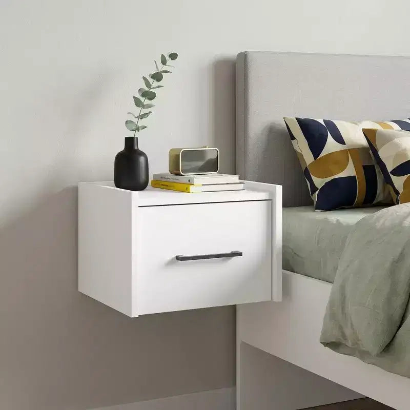 Comodino galleggiante a un cassetto in legno bianco da 10 pollici