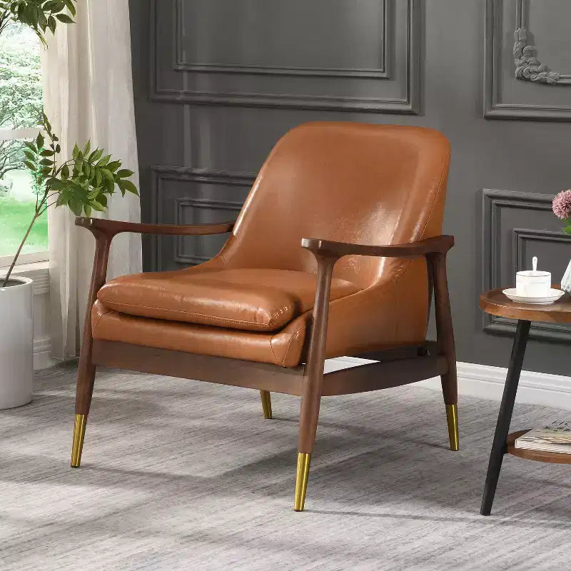 Freja Modern Faux Leather and Wood Accent Chair, Brown