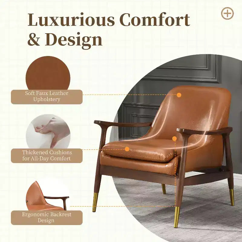 Freja Modern Faux Leather and Wood Accent Chair, Brown