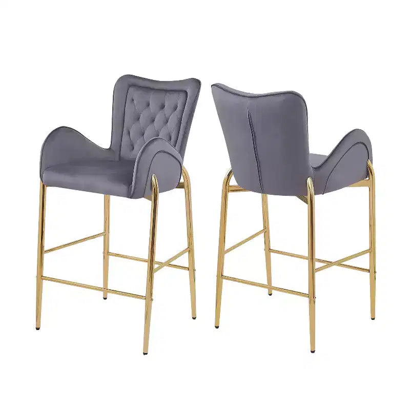 Set di 2 Sgabelli da Bancone con Struttura in Metallo Dorato e Rivestimento in Velluto Trapuntato