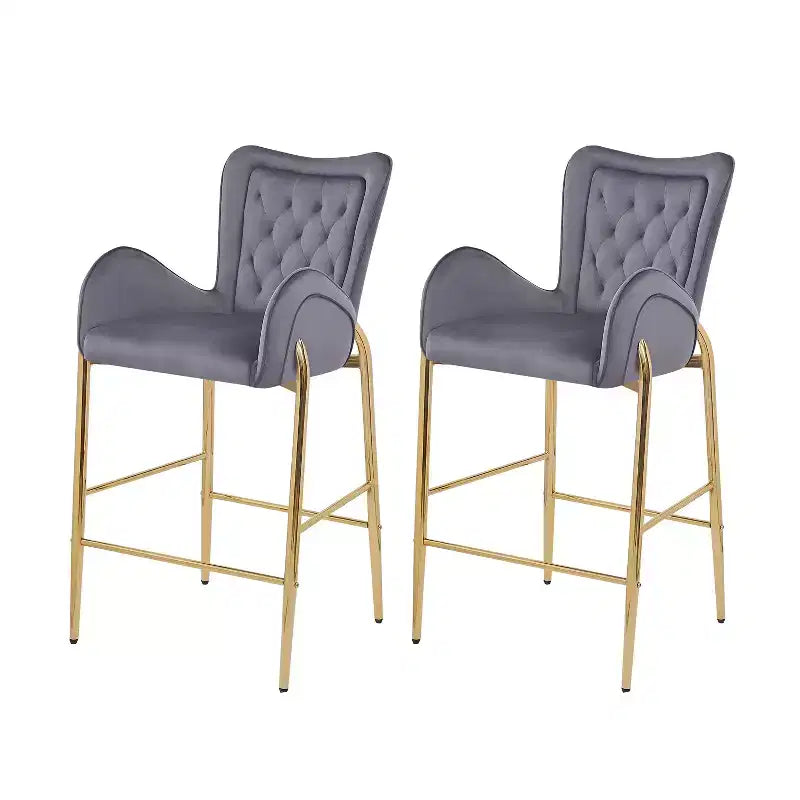 Set di 2 Sgabelli da Bancone con Struttura in Metallo Dorato e Rivestimento in Velluto Trapuntato