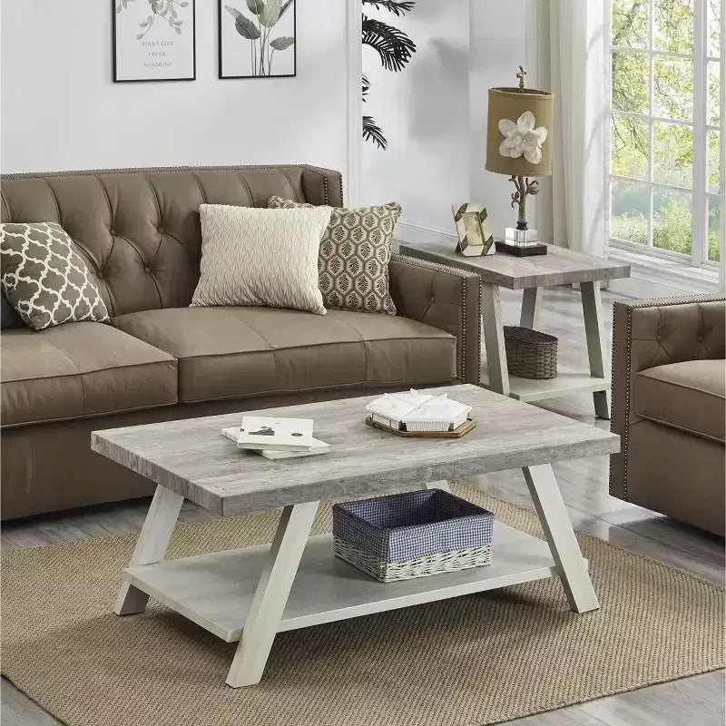 Set tavolino da salotto a 3 pezzi in legno Athens Contemporary grigio effetto invecchiato e beige
